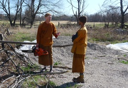 Ven. Khemako teaches Ven. Atulo about chainsaws