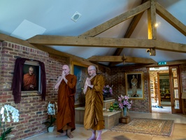 LP Sumedho and Ajahn Amaro chant blessings at the unveiling of a picture of LP Panyavaddho