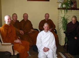 A Sangha photo.  L to R: Bhante Khemaratana, Ajahn Kusalo, Ajahn Viradhammo, Ajahn Hasapanyo, Ayaa Medhanandi.  Anagarika Laurence is kneeling