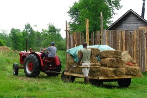 The refurbished wagon was used to transport the whole bales of hay
