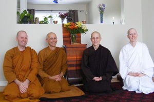 The monastics take a photo.  L to R: Bhante Khemaratana, Tan Karunadhammo, Ayya Medhanandi, and Anagarika Cathy