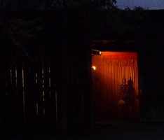 A light shines on the standing Buddha rupa at night