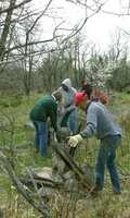 A working bee crew works to dismantle the fence