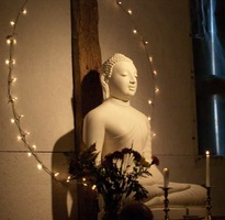 The Buddha image inside a Christmas light halo at Tisarana's first bhikkhu ordination