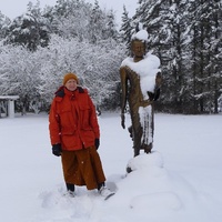 Our standing Buddha and Luang Por Viradhammo in the snow